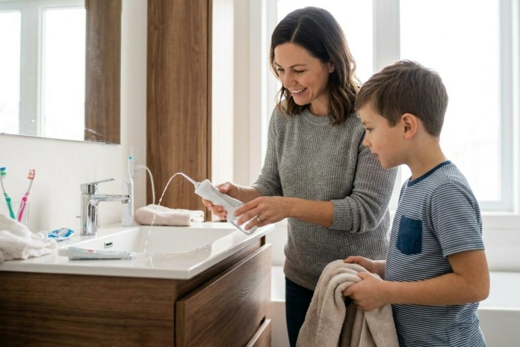 A mother showing her young son how to use a cordless water flosser over a bathroom sink to promote good oral hygiene practices.