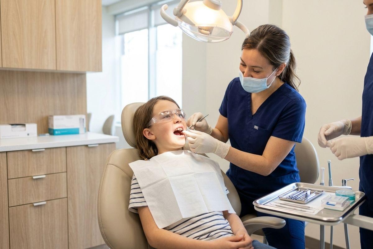 Dentist examining a child's open mouth in a dental chair, while a second dental professional holds tools nearby.