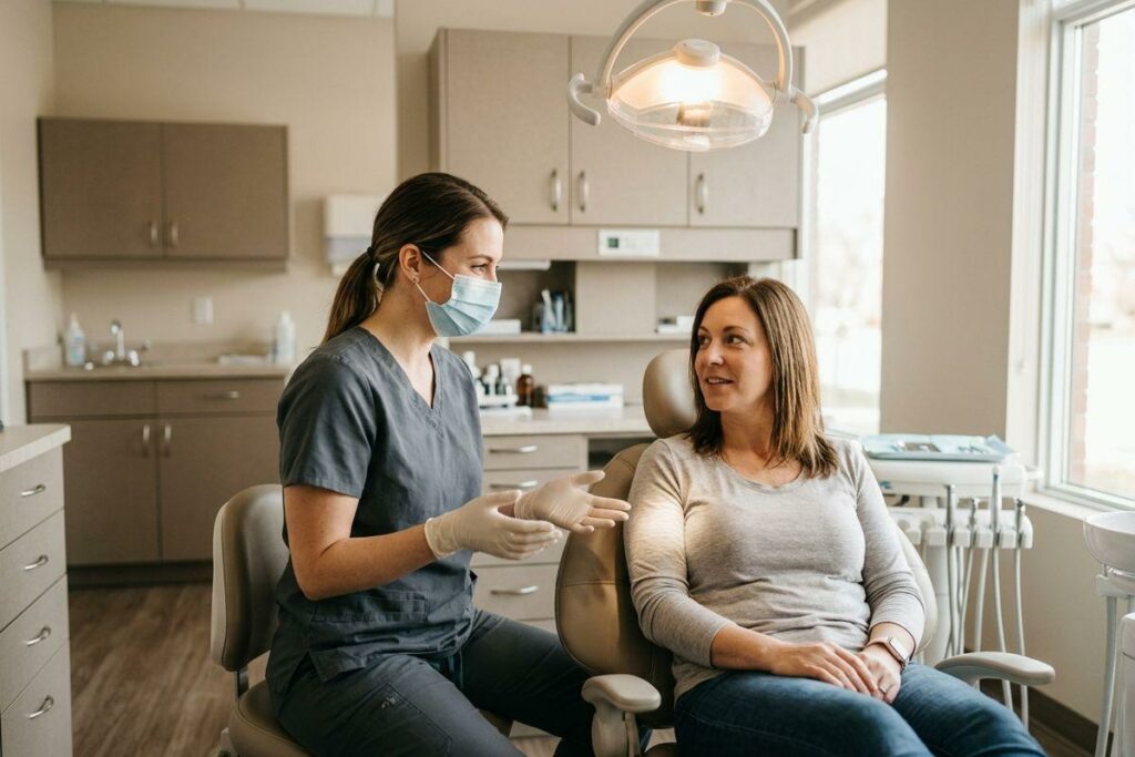 Dental hygienist in mask and gloves talks with a patient seated in the dental chair.