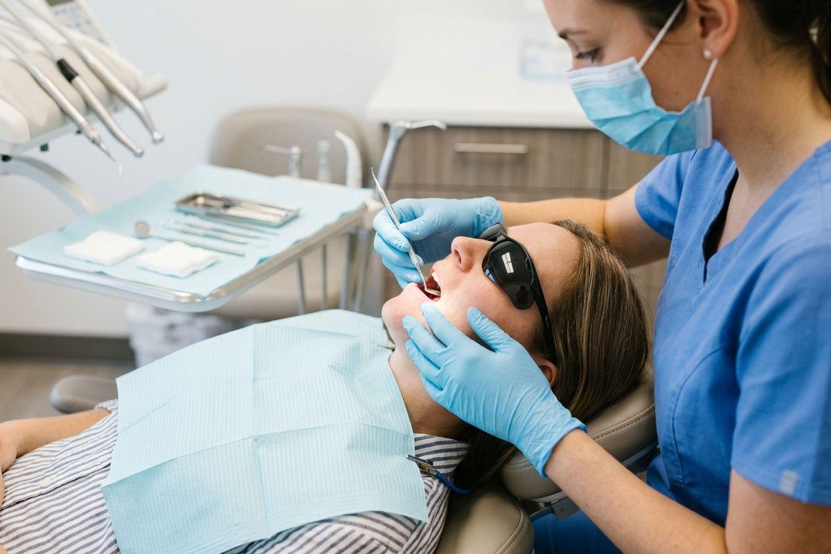Dentist examines the teeth of a reclining patient wearing protective glasses, using a dental mirror beside a tray of instruments.