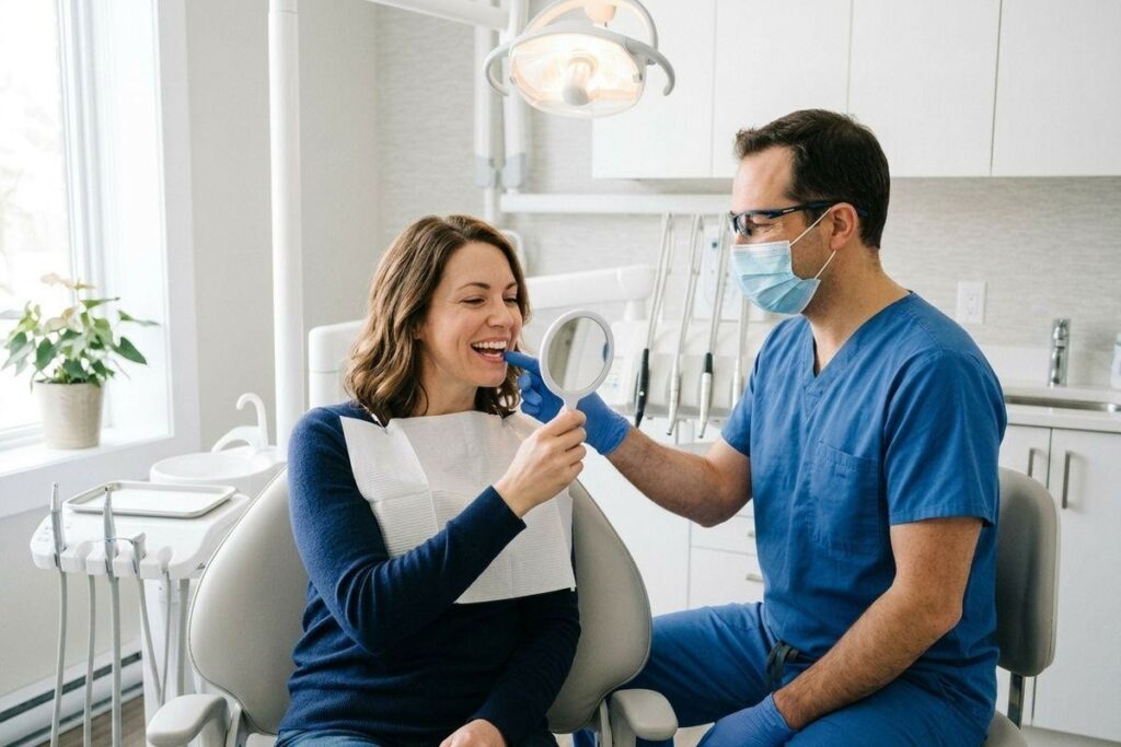 Smiling patient in a dental chair holds a mirror while a masked dentist points at their teeth in a clinic.