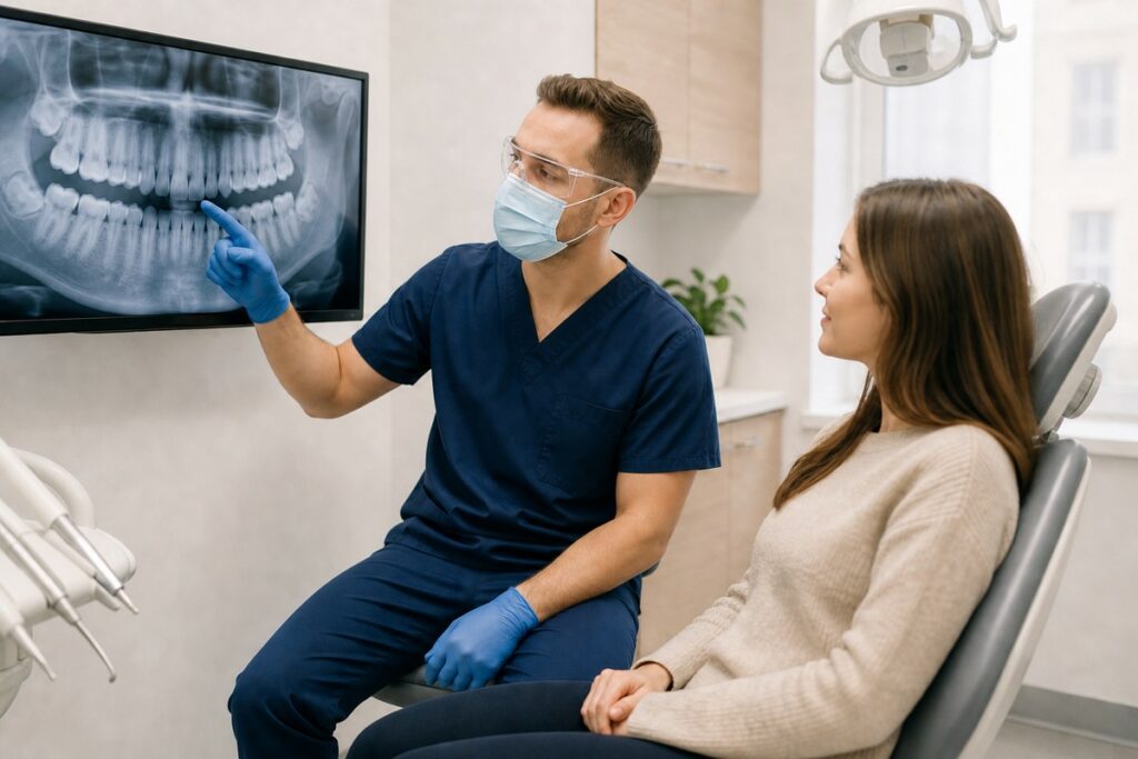 Dentist pointing at a dental X-ray on a wall screen while a patient seated in a dental chair looks on attentively.